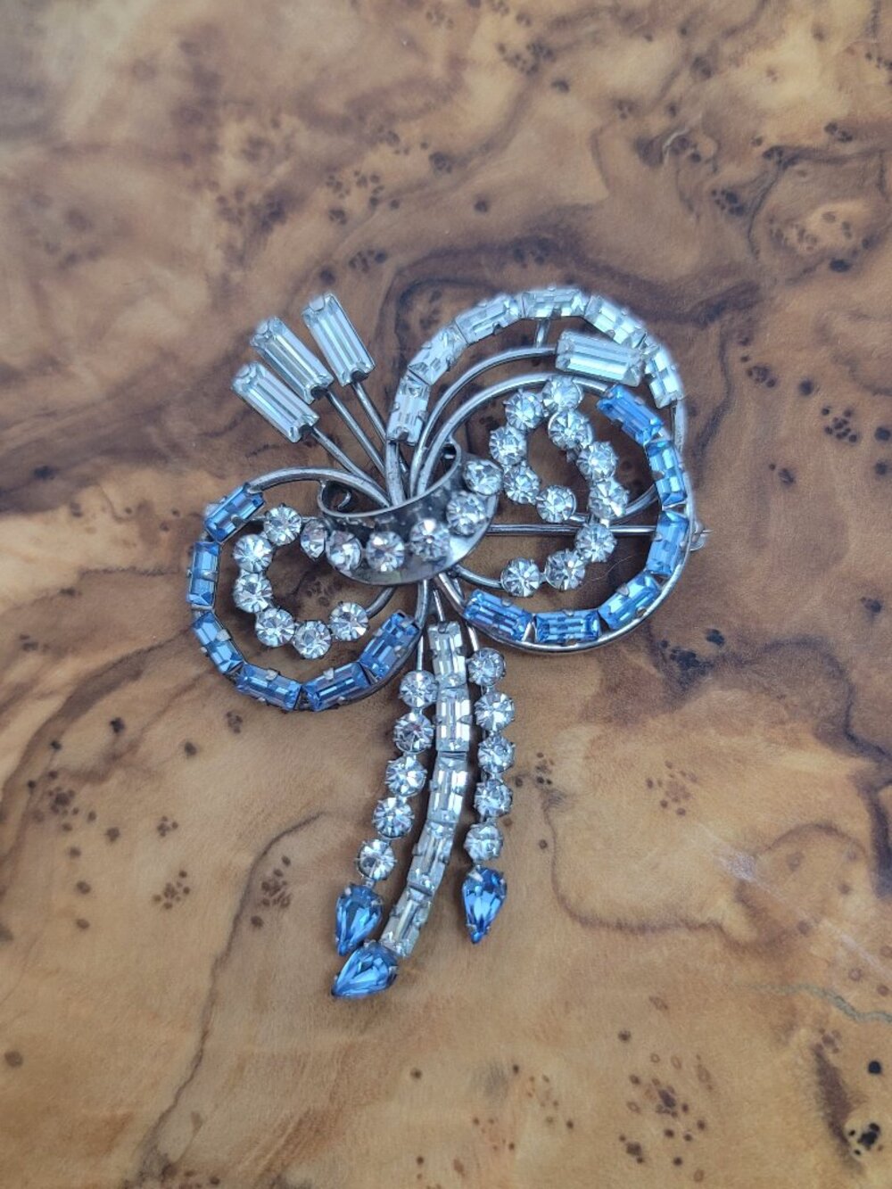 Vintage Retro Sterling, Rhodium & Rhinestone Bow Brooch/Pendant by Carl Art